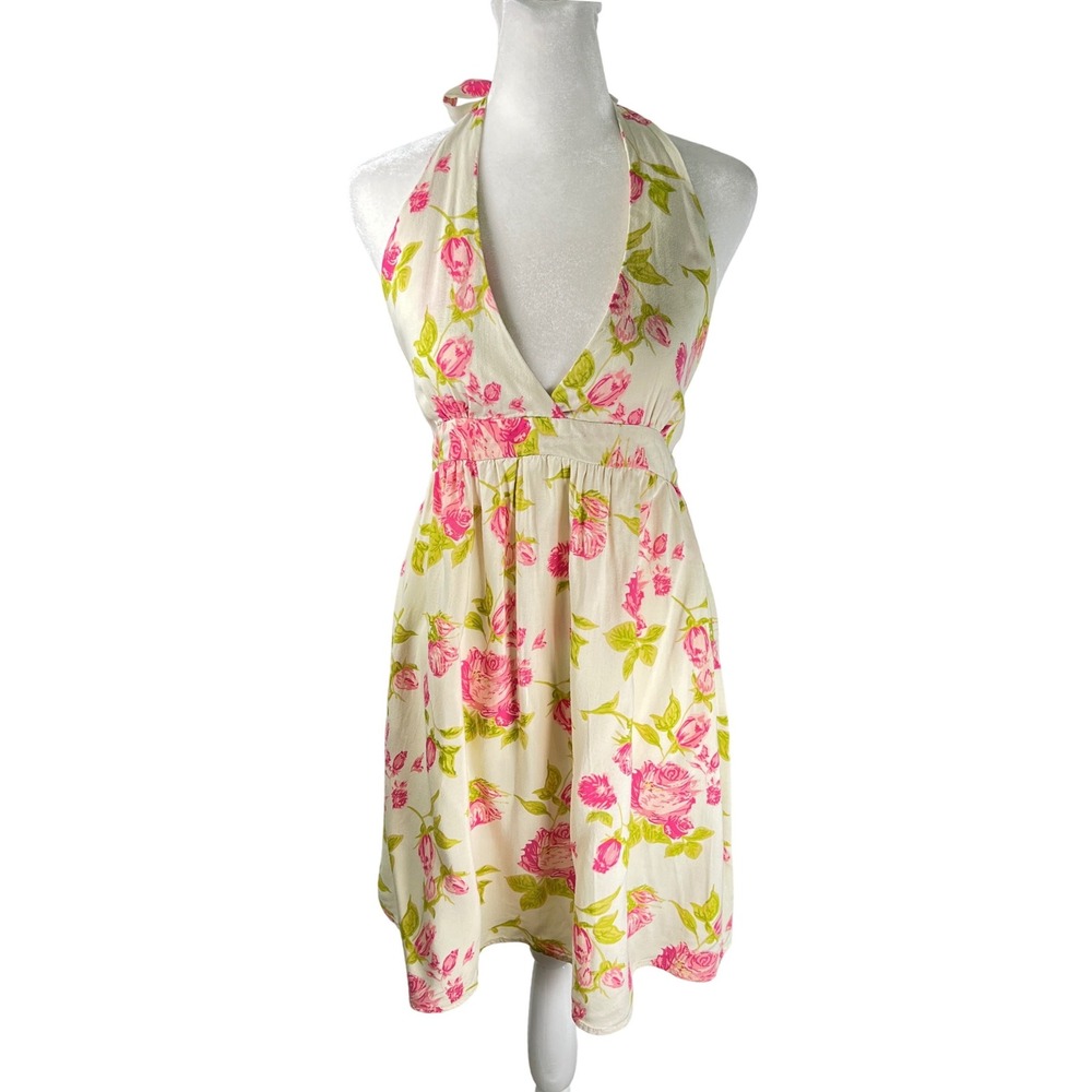 rue21 Womens Y2K Pink Rose Floral Halter Babydoll Tunic Top Cream Size Large